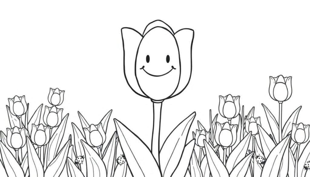 A cheerful tulip with a big smile, surrounded by smaller tulips and ladybugs, ready for a color panel adventure.