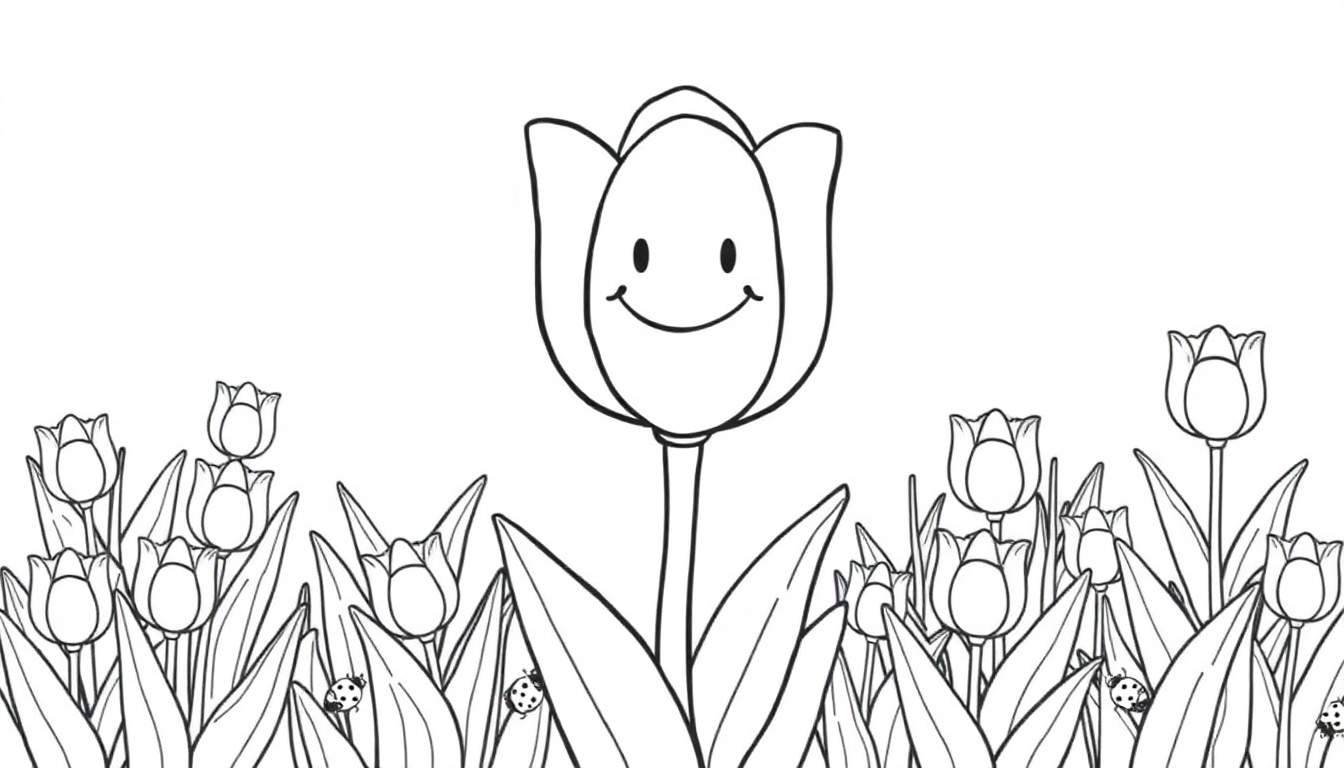 A cheerful tulip with a big smile, surrounded by smaller tulips and ladybugs, ready for a color panel adventure.
