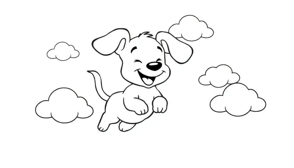 A playful puppy jumping happily among fluffy clouds, a black and white color panel.