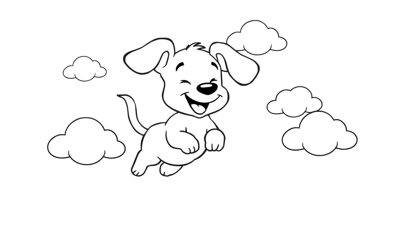 A playful puppy jumping happily among fluffy clouds, a black and white color panel.