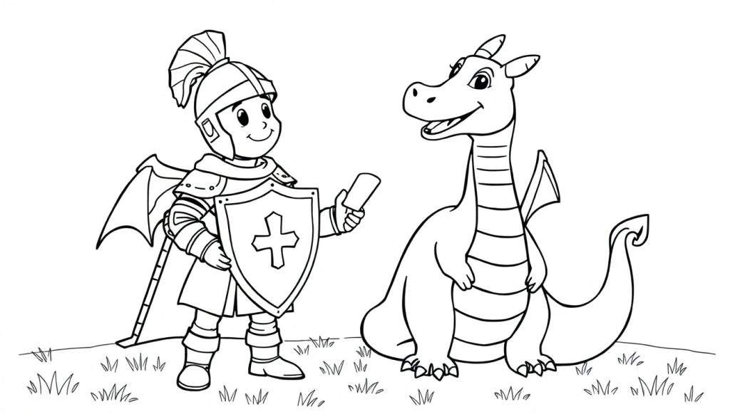A black and white drawing of a knight and a dragon on a grass patch, ready for adventure. This color panel is for coloring fun.