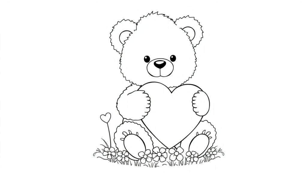 A cute teddy bear holding a heart, ready for coloring! A fun color panel activity.