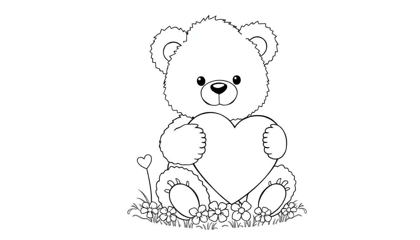 A cute teddy bear holding a heart, ready for coloring! A fun color panel activity.