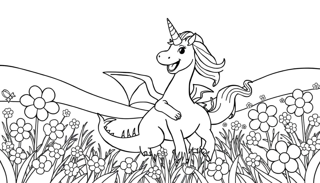 A whimsical dragon-unicorn hybrid with a horn, mane, and spined tail stands in a field of flowers with two hills in the background.