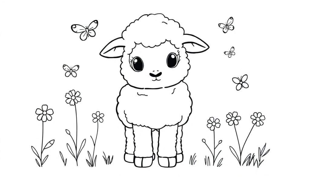 A fluffy cartoon lamb in a field of flowers with butterflies, ready for coloring. A delightful color panel for young artists.