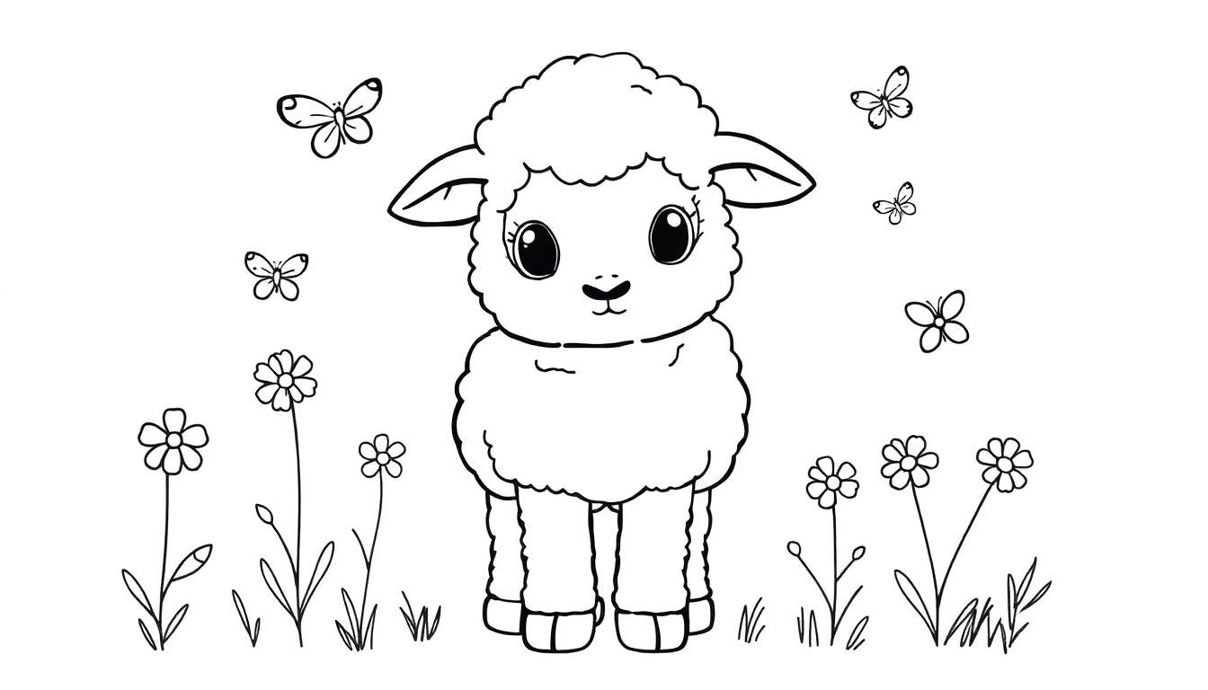 A fluffy cartoon lamb in a field of flowers with butterflies, ready for coloring. A delightful color panel for young artists.