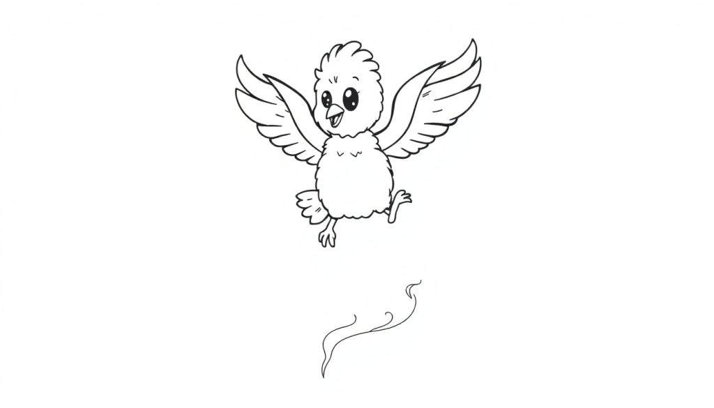 A cute baby phoenix, a black and white coloring page, flying for the first time, a color panel.