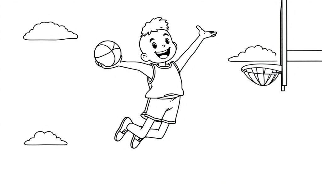 A cute cartoon boy jumping to slam dunk a basketball, presented as a black and white coloring panel.