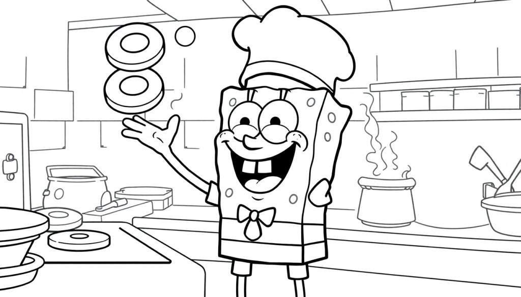 SpongeBob SquarePants juggling donuts in a kitchen, black and white color panel.