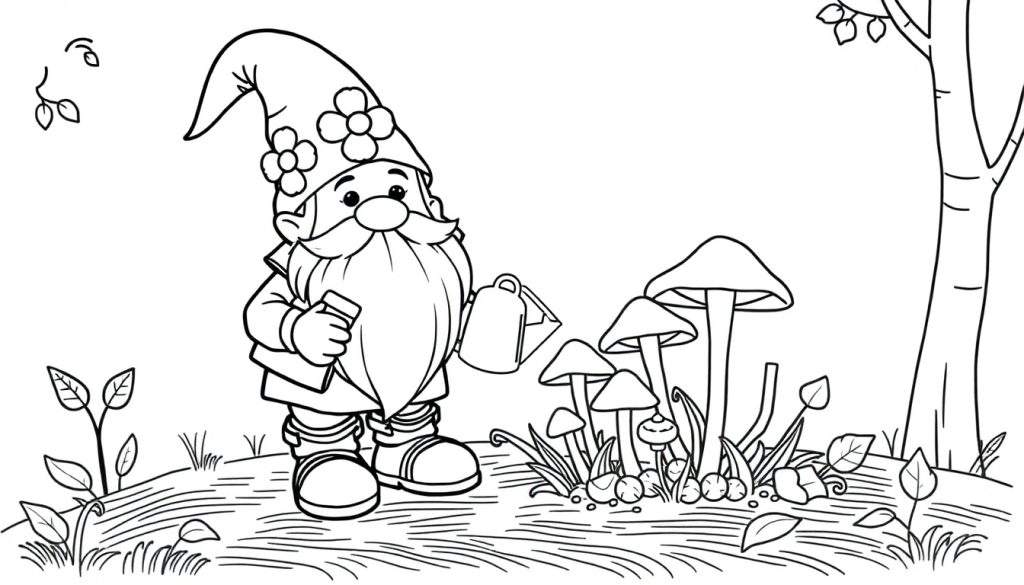 A cute gnome with a pointy hat, long beard, and big boots tending to magical mushrooms, ready for a color panel.