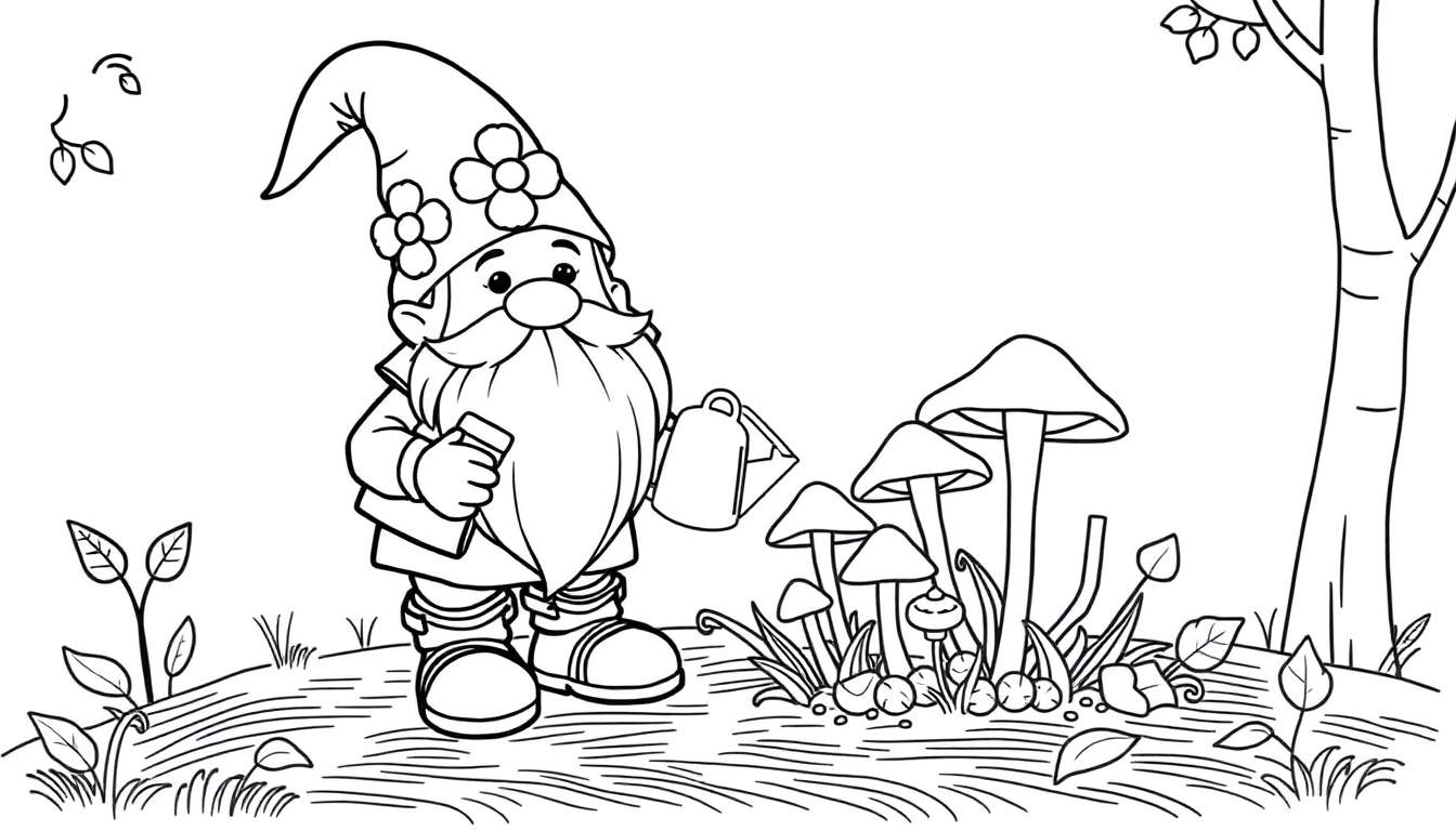 A cute gnome with a pointy hat, long beard, and big boots tending to magical mushrooms, ready for a color panel.