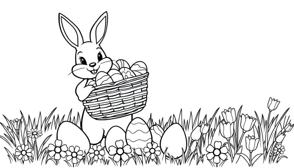 A black and white illustration of an Easter bunny holding a basket of eggs, perfect for a color panel.