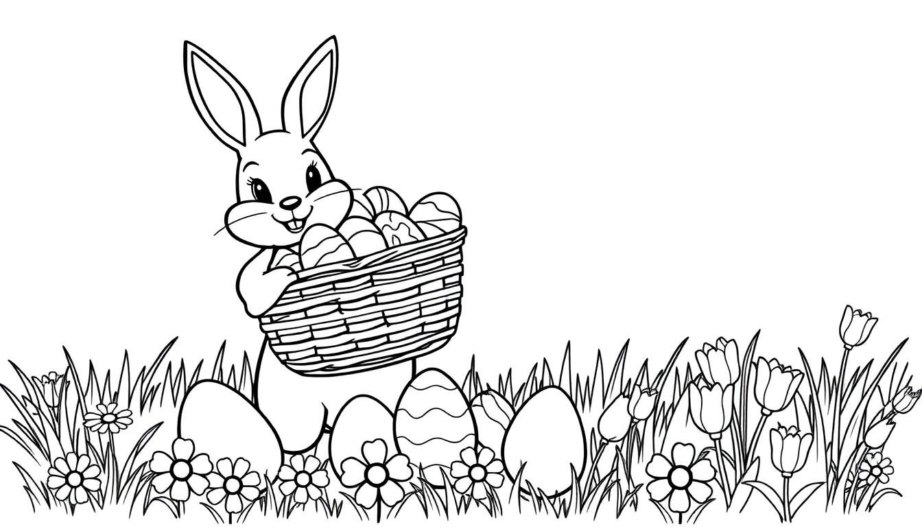 A black and white illustration of an Easter bunny holding a basket of eggs, perfect for a color panel.