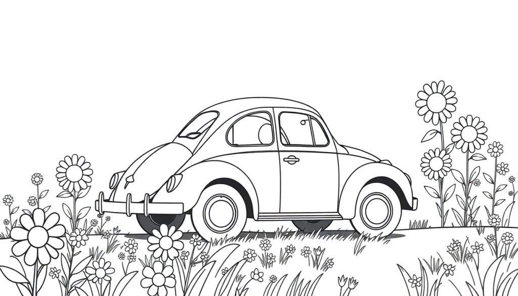 A cute black and white VW Beetle in a flower field color panel.