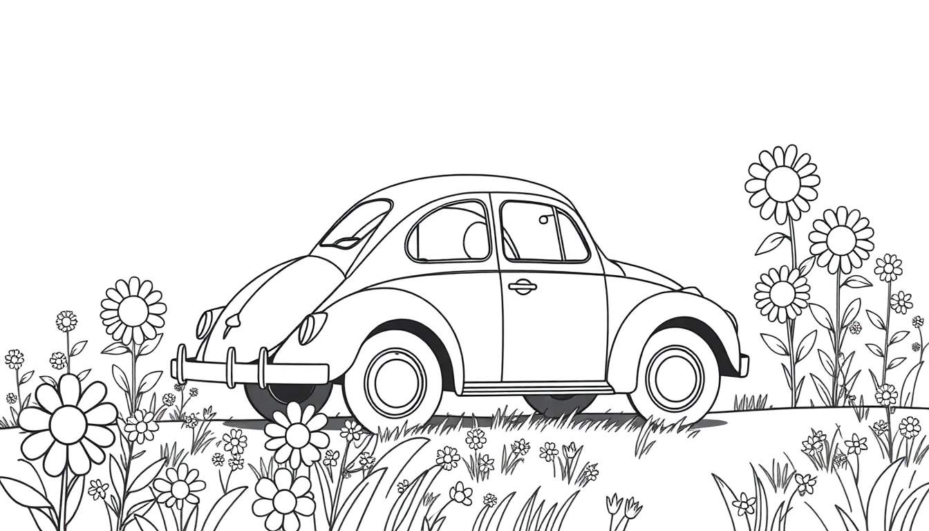 A cute black and white VW Beetle in a flower field color panel.