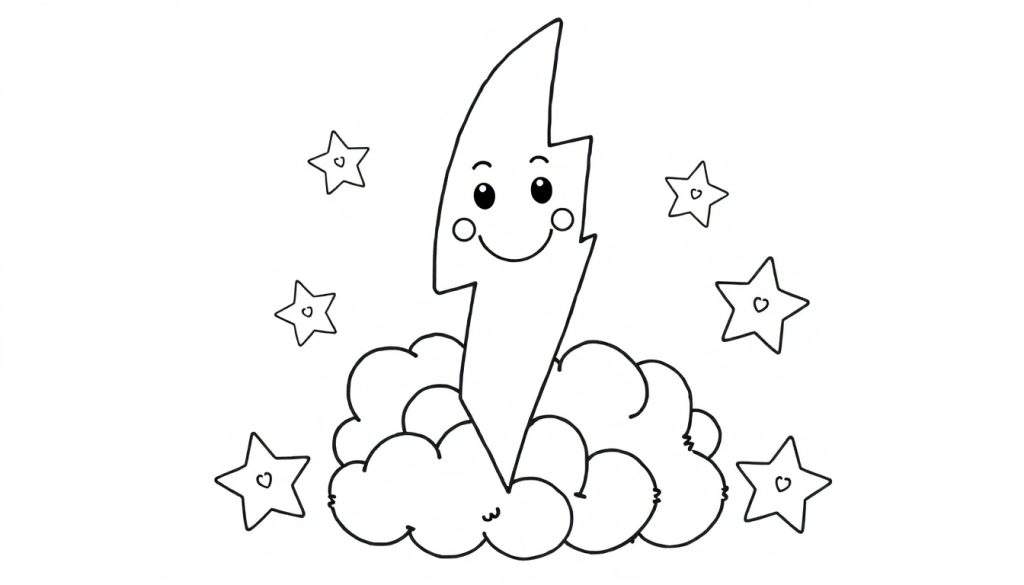 A black and white coloring panel showing a smiling lightning bolt with happy eyes, surrounded by fluffy clouds and stars with hearts inside.