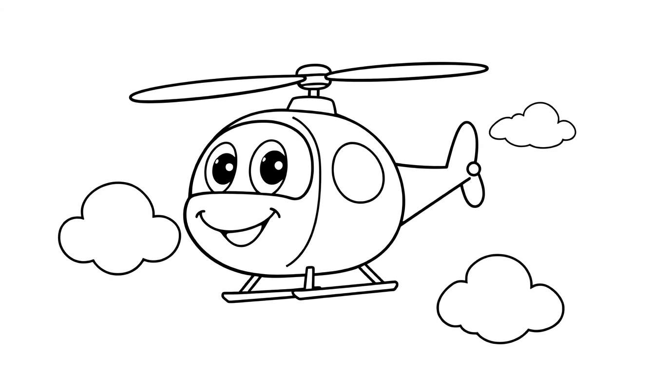 A black and white cartoon helicopter with a smiling face, flying through clouds. A fun color panel for kids.
