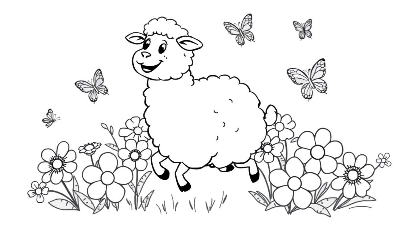 A simple black and white drawing of a happy sheep in a field of flowers with butterflies.
