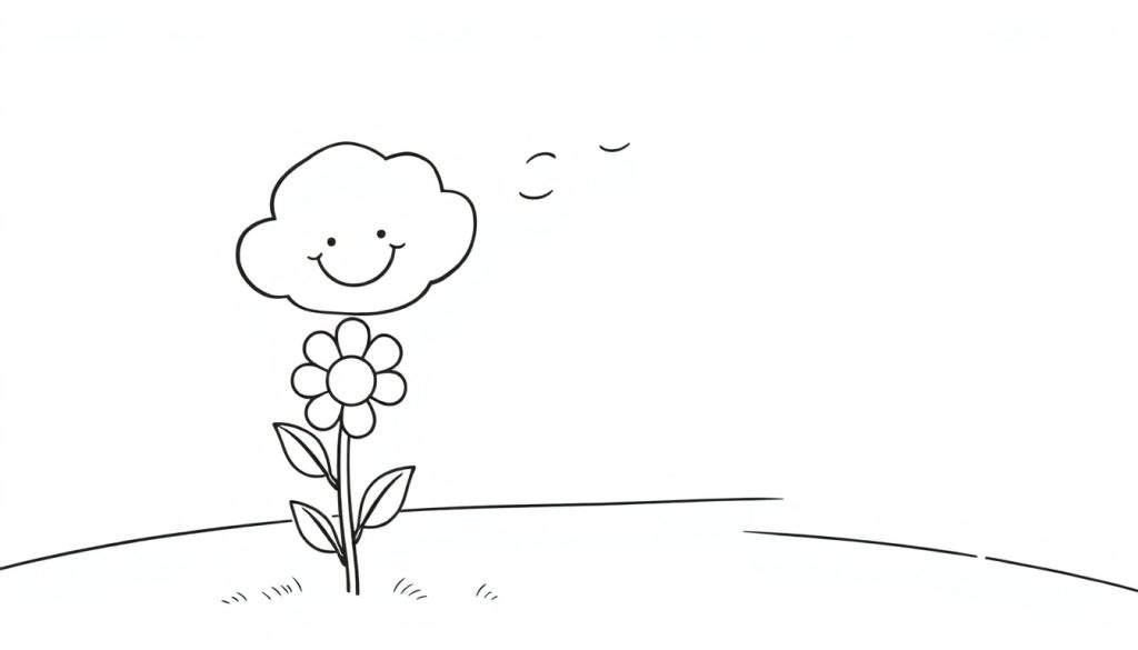 A happy flower in a black and white color panel, with a smiling cloud blowing gently.