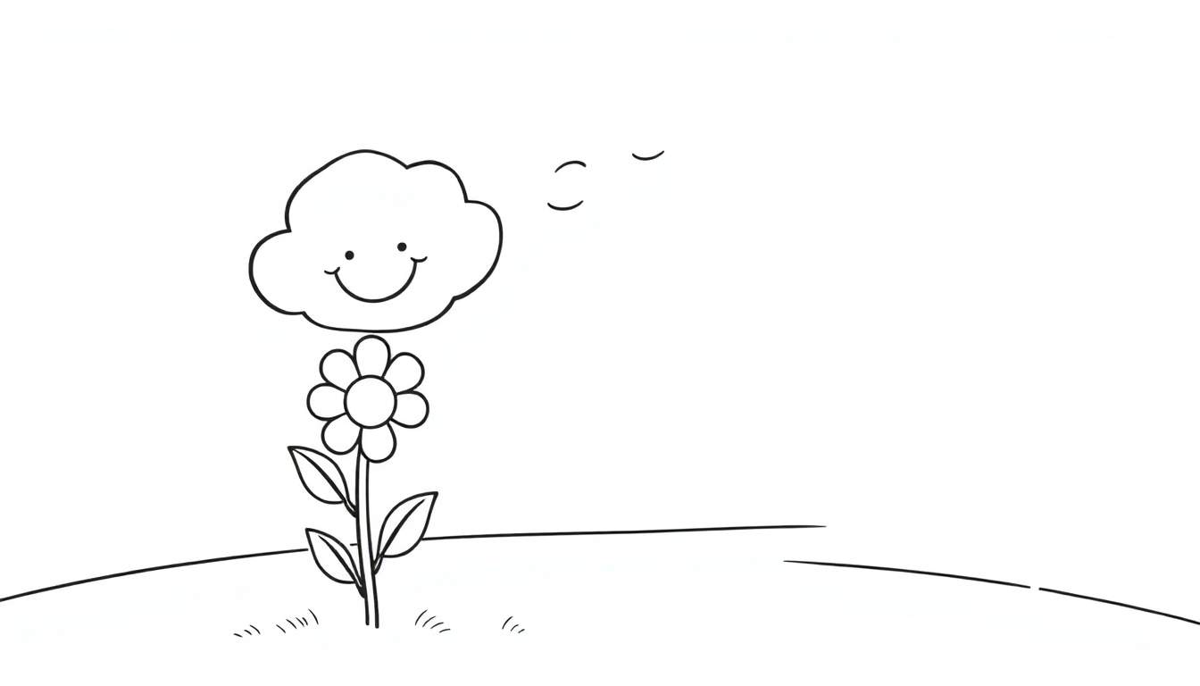 A happy flower in a black and white color panel, with a smiling cloud blowing gently.
