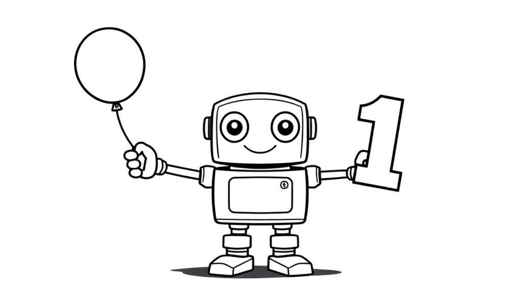 A black and white color panel of a happy robot holding a balloon and the number 1.