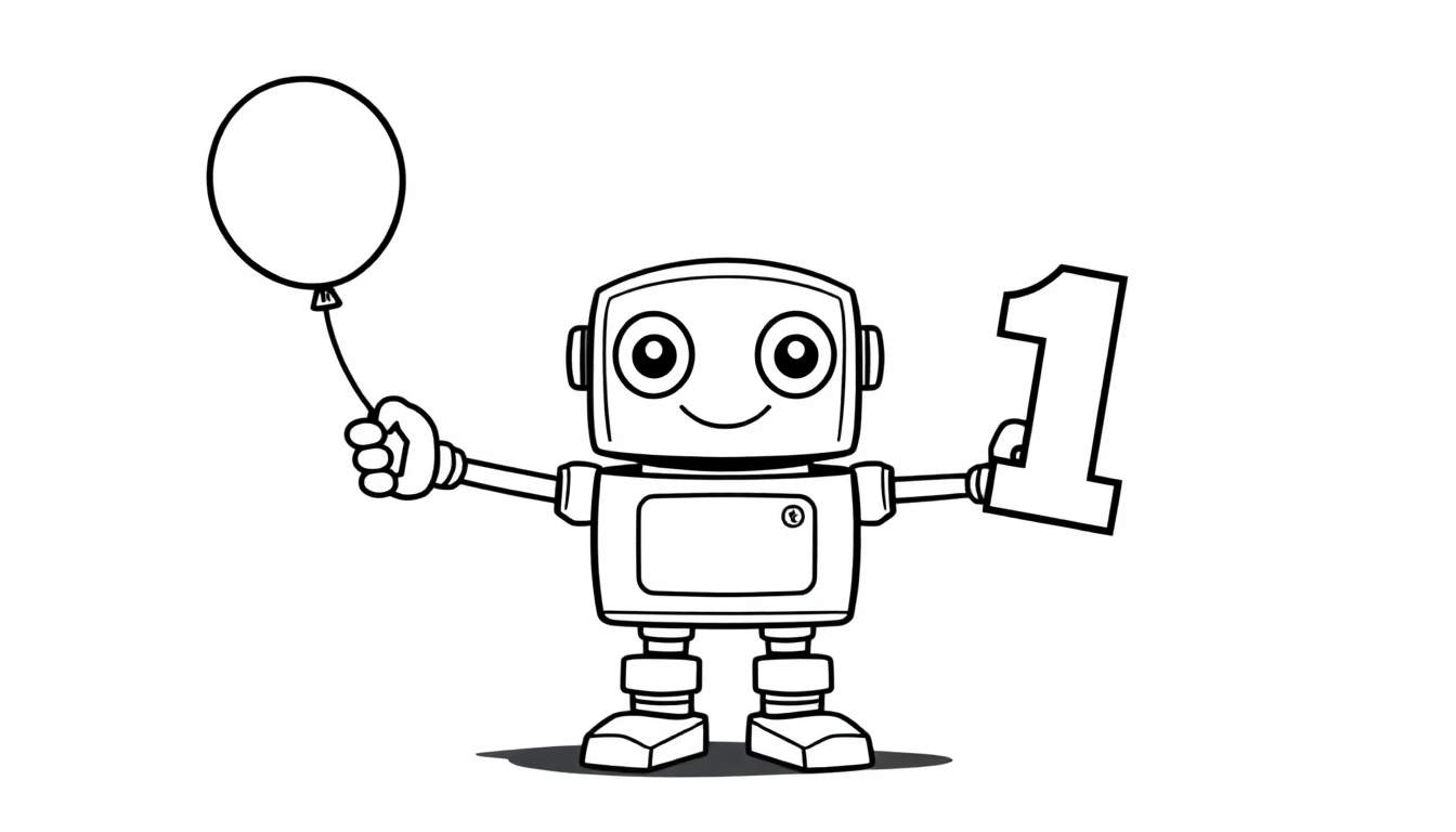 A black and white color panel of a happy robot holding a balloon and the number 1.