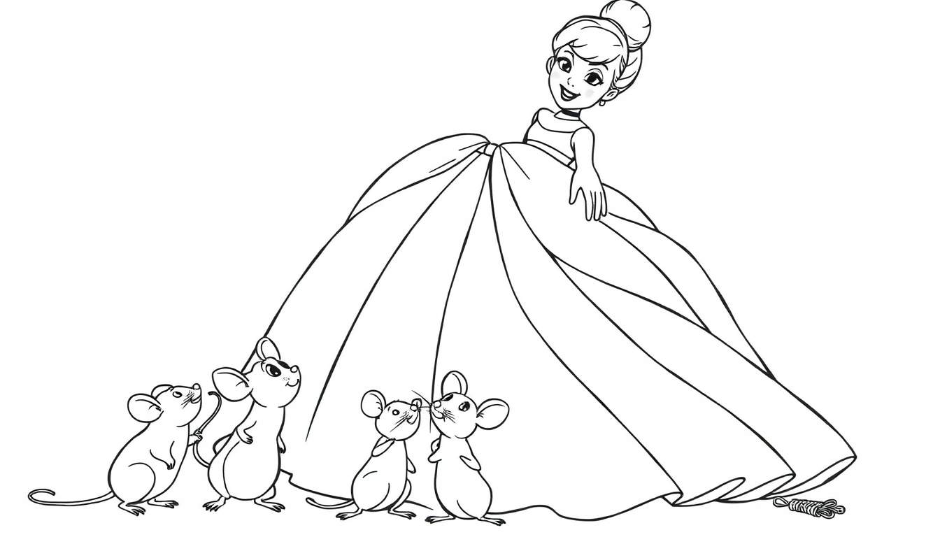 A black and white coloring page featuring Cinderella in her ball gown, surrounded by four friendly mice, with a coil of rope nearby. The image is a black and white illustration, a color panel for creative coloring.
