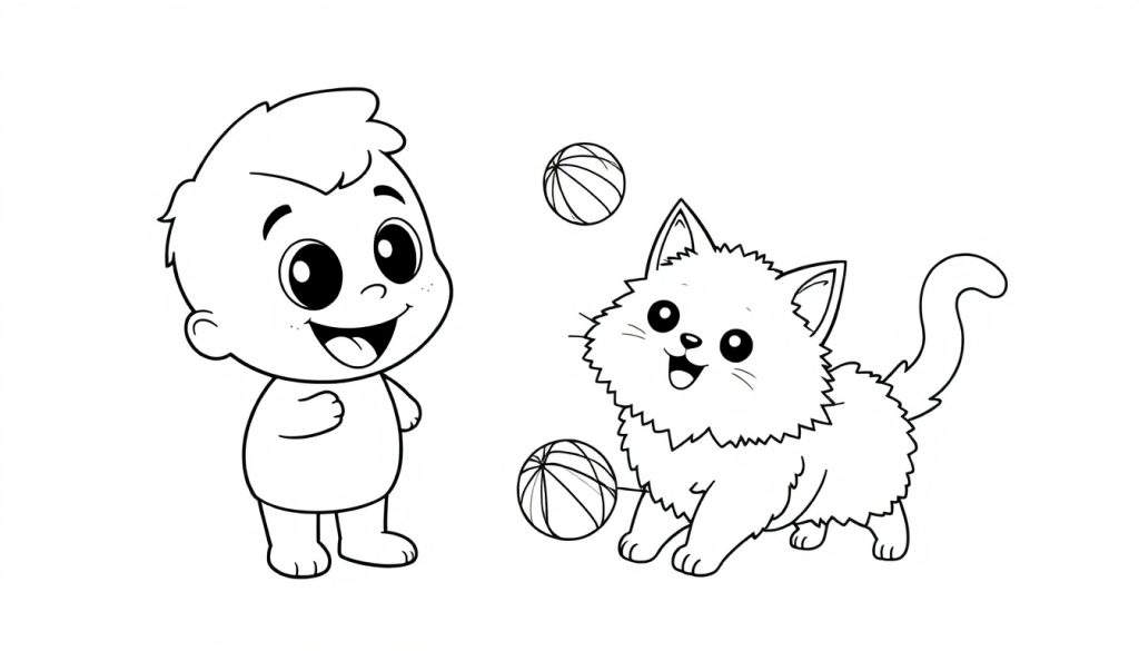 A Toca Boca-style child and a fluffy cat playing with balls, a black and white color panel.