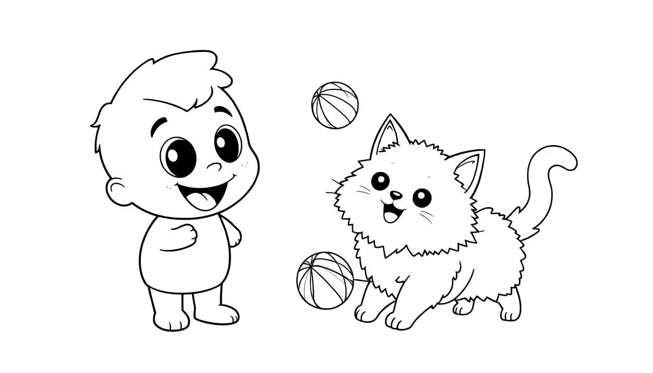 A Toca Boca-style child and a fluffy cat playing with balls, a black and white color panel.
