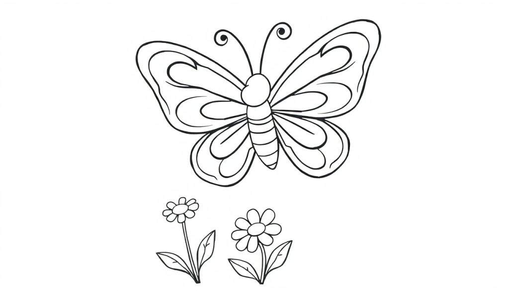 A black and white cartoon color panel of a butterfly with swirly wings above two flowers.