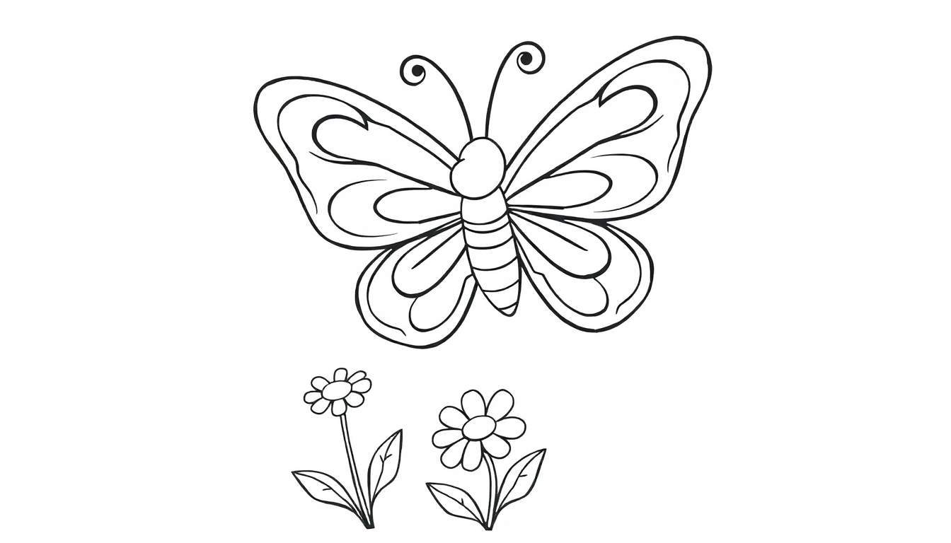 A black and white cartoon color panel of a butterfly with swirly wings above two flowers.