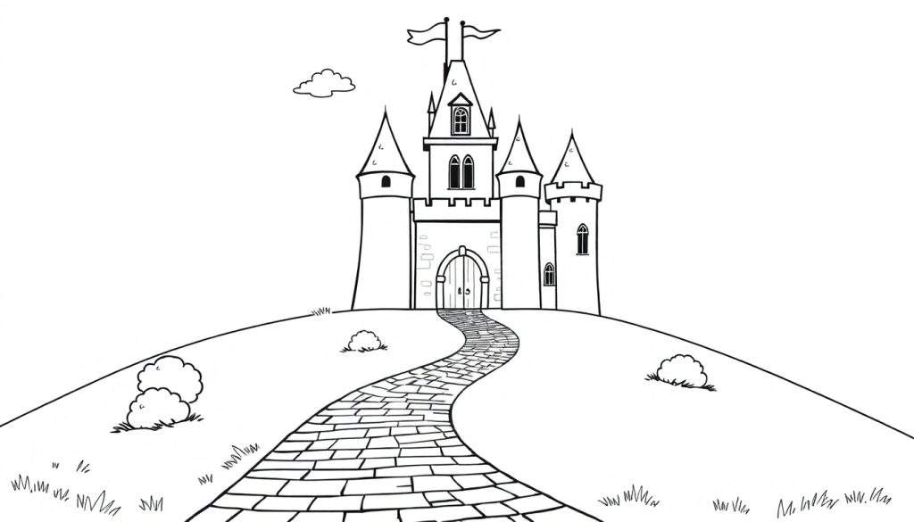 A black and white drawing of a fairy tale castle on a hill, ready for a color panel adventure.