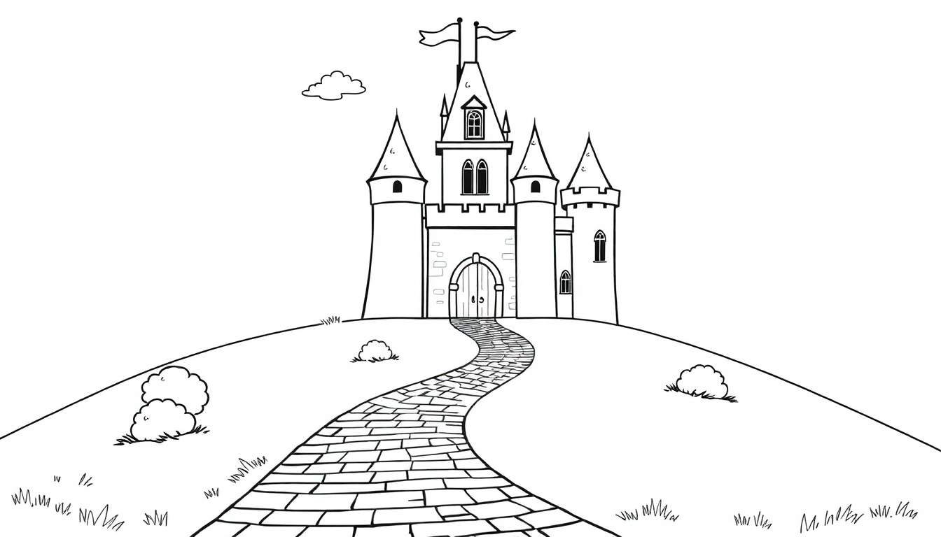 A black and white drawing of a fairy tale castle on a hill, ready for a color panel adventure.
