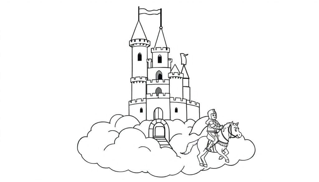 A black and white color panel of a whimsical castle on a cloud with a knight riding a horse towards it, ready for coloring.