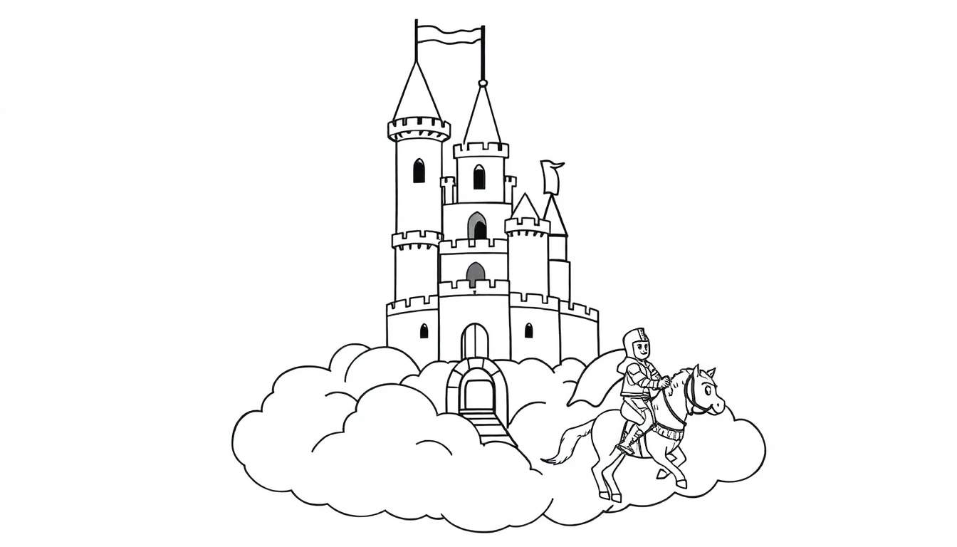 A black and white color panel of a whimsical castle on a cloud with a knight riding a horse towards it, ready for coloring.