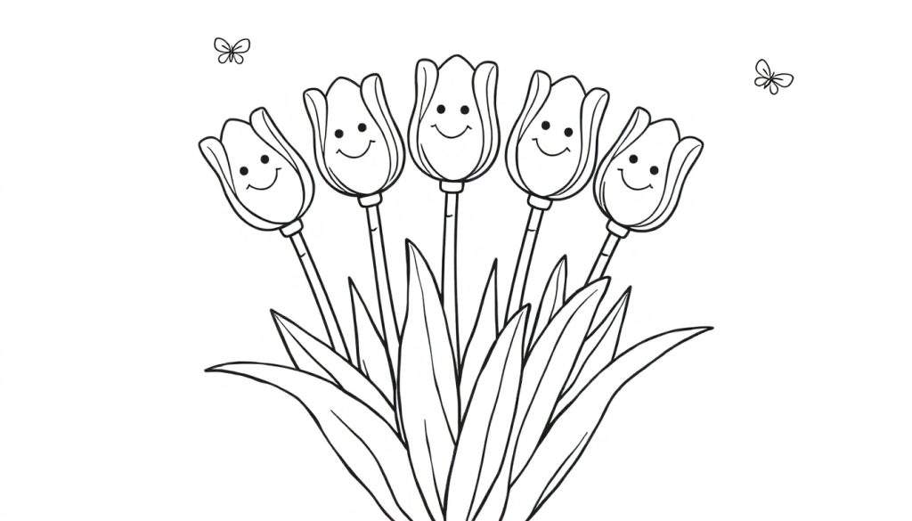 A color panel featuring a black and white outline of five smiling tulips with butterflies, perfect for coloring.