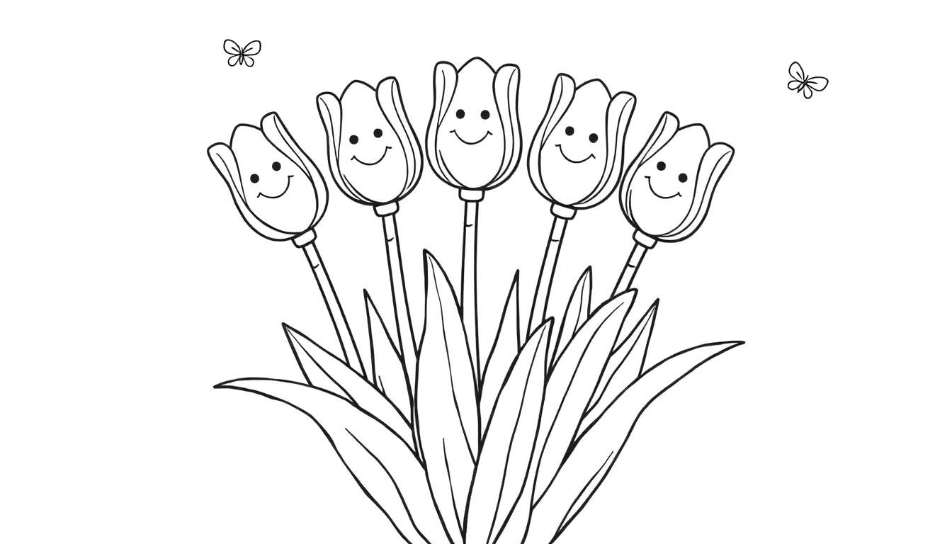 A color panel featuring a black and white outline of five smiling tulips with butterflies, perfect for coloring.