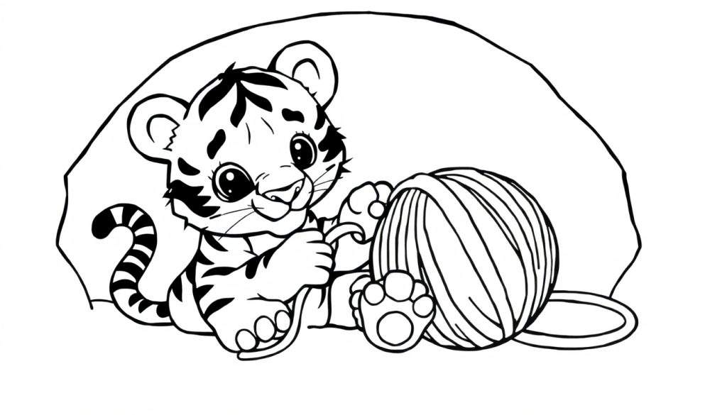 A cute baby tiger playing with a ball of yarn, black and white color panel.