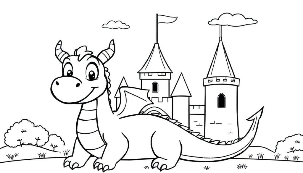A friendly cartoon dragon smiling in front of a castle, ready for a color panel.