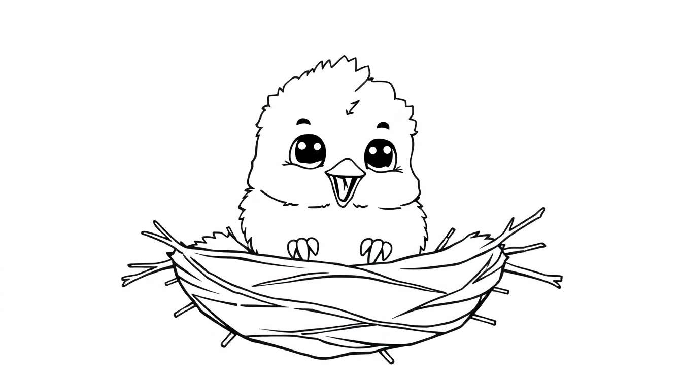 A cute black and white drawing of a baby bird with big eyes in a nest.