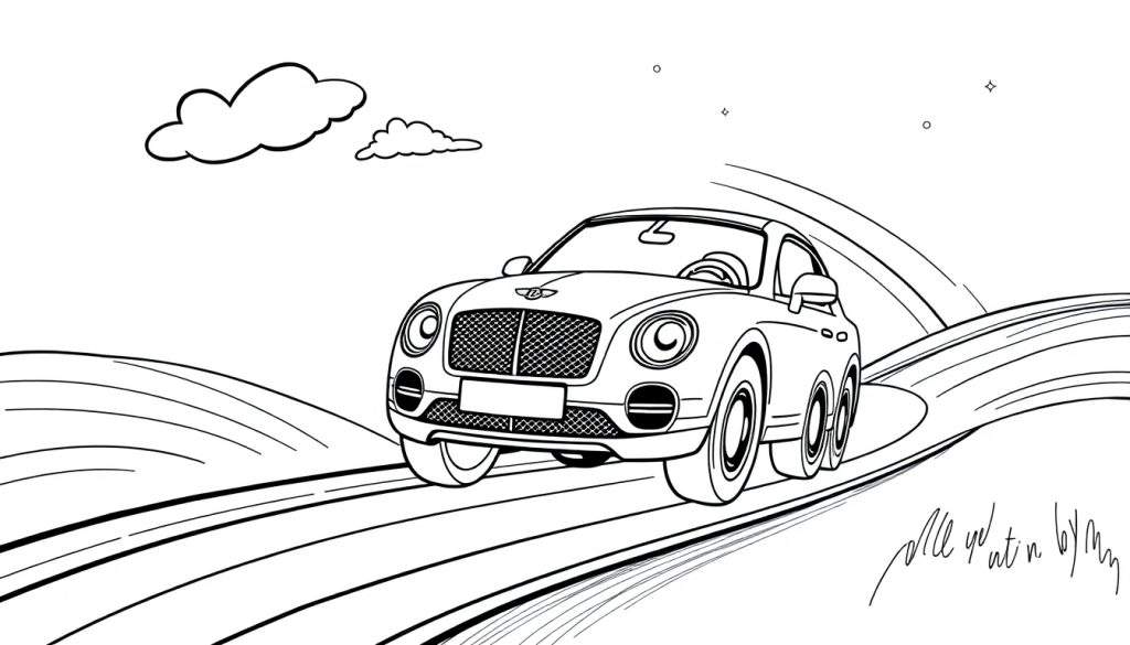 A cute black and white cartoon Bentley car on a winding road, with two cartoon clouds and three stars above. A signature is in the bottom right corner. This is a fun color panel for kids.