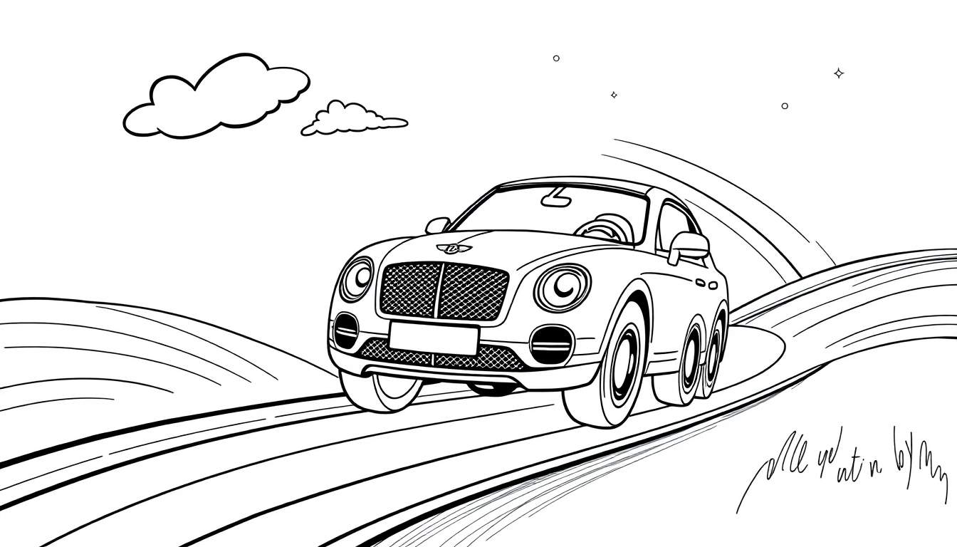 A cute black and white cartoon Bentley car on a winding road, with two cartoon clouds and three stars above. A signature is in the bottom right corner. This is a fun color panel for kids.