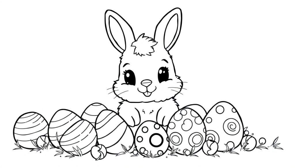 A cute bunny coloring panel with Easter eggs.