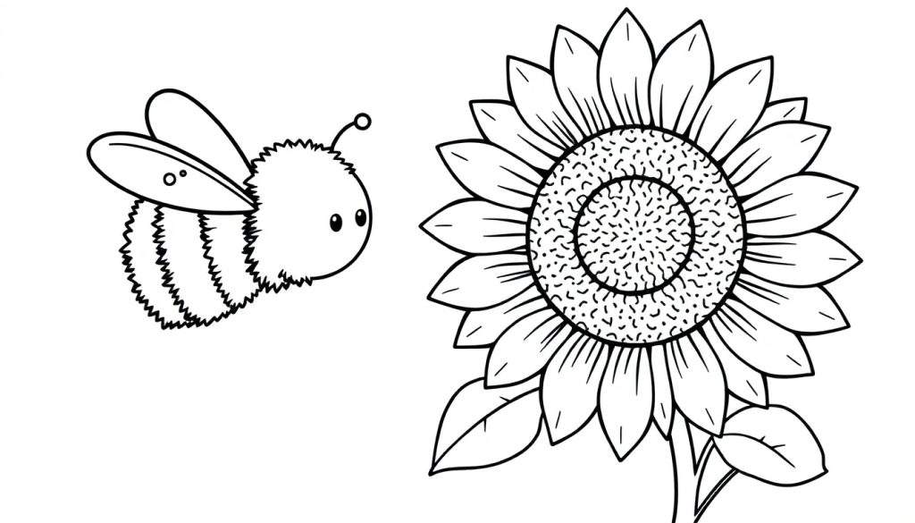A black and white outline drawing of a cute bee approaching a sunflower, perfect for a color panel.