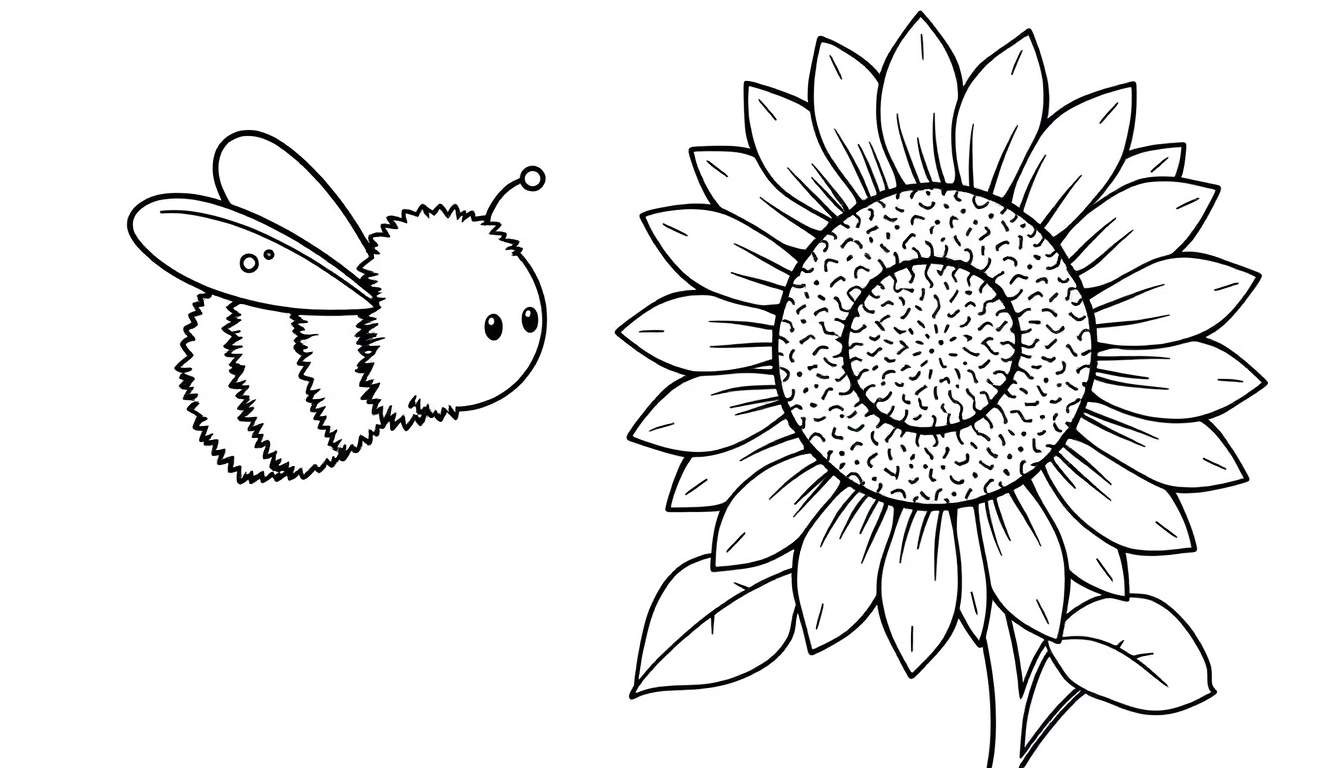 A black and white outline drawing of a cute bee approaching a sunflower, perfect for a color panel.