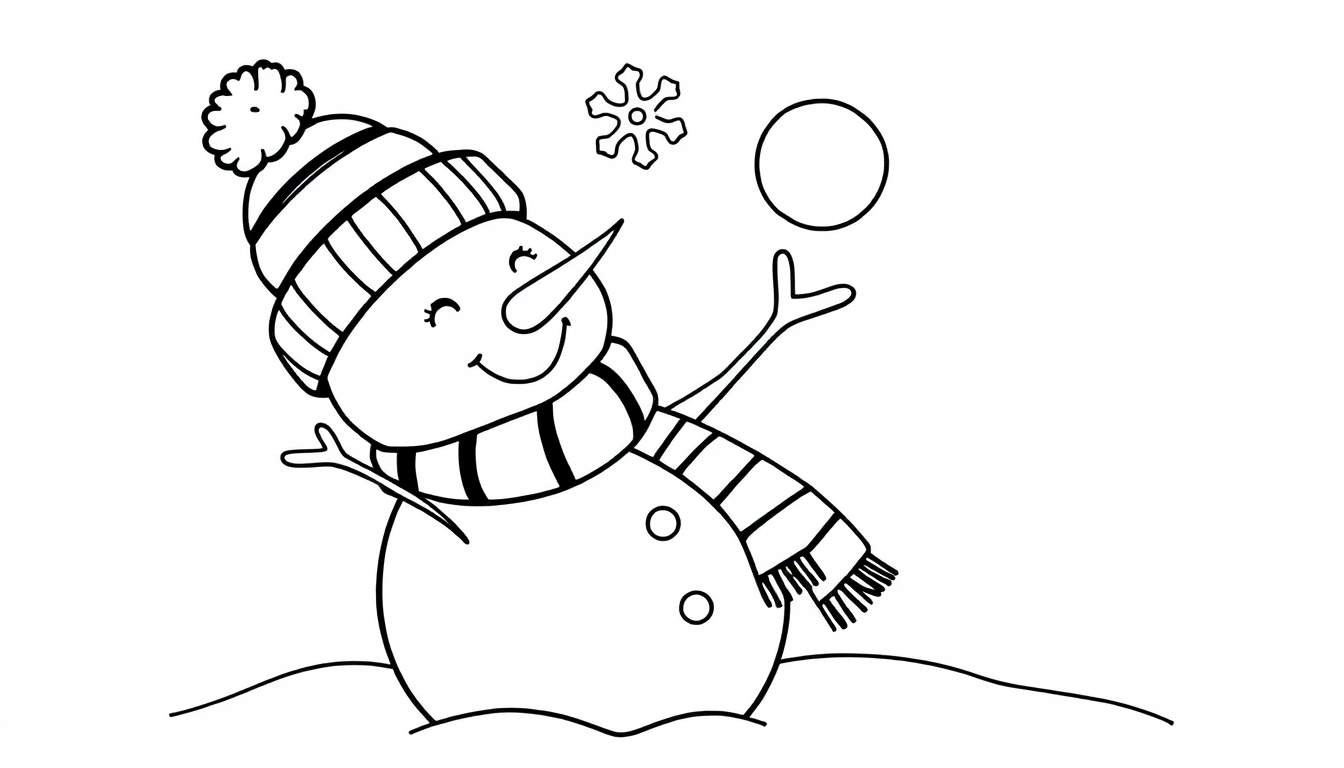A cute black and white cartoon snowman juggling a snowball, wearing a striped hat and scarf. This is a color panel.