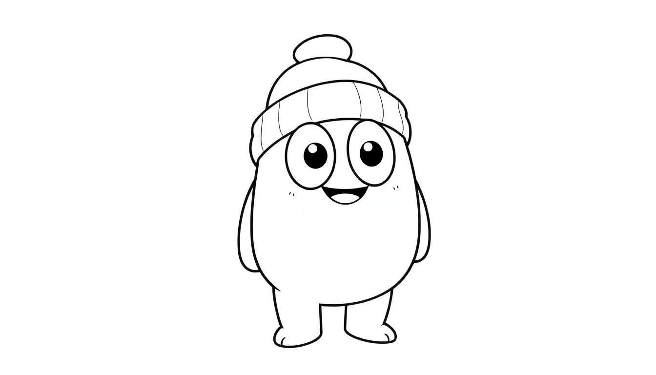 A cute bean-shaped character in a winter hat, ready for coloring. This color panel features a friendly character with big eyes.