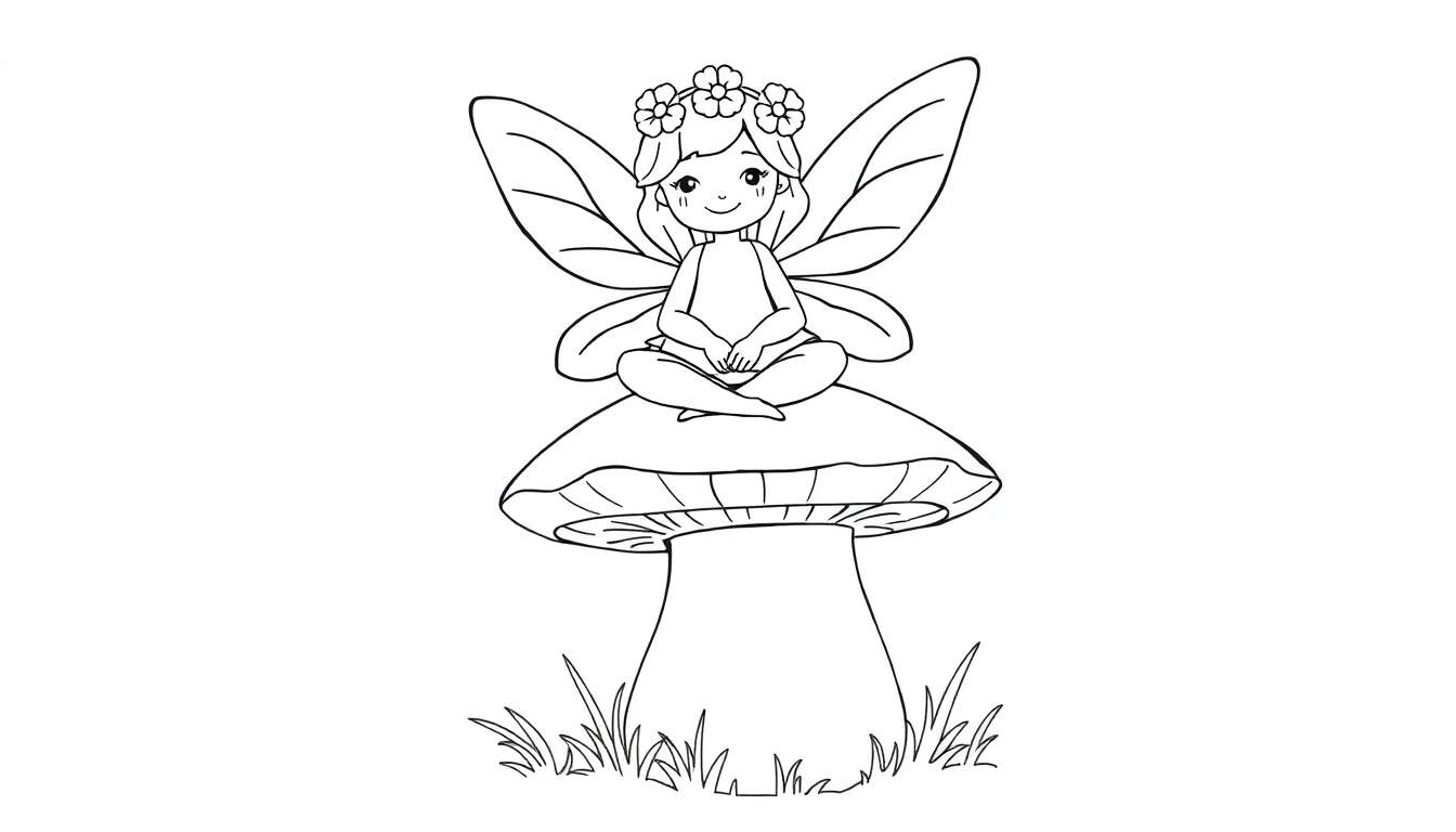 A black and white coloring panel of a fairy sitting on a mushroom.