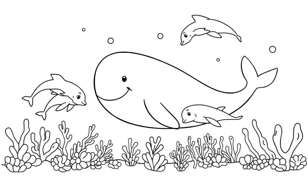 A friendly whale and playful dolphins in a sea color panel.