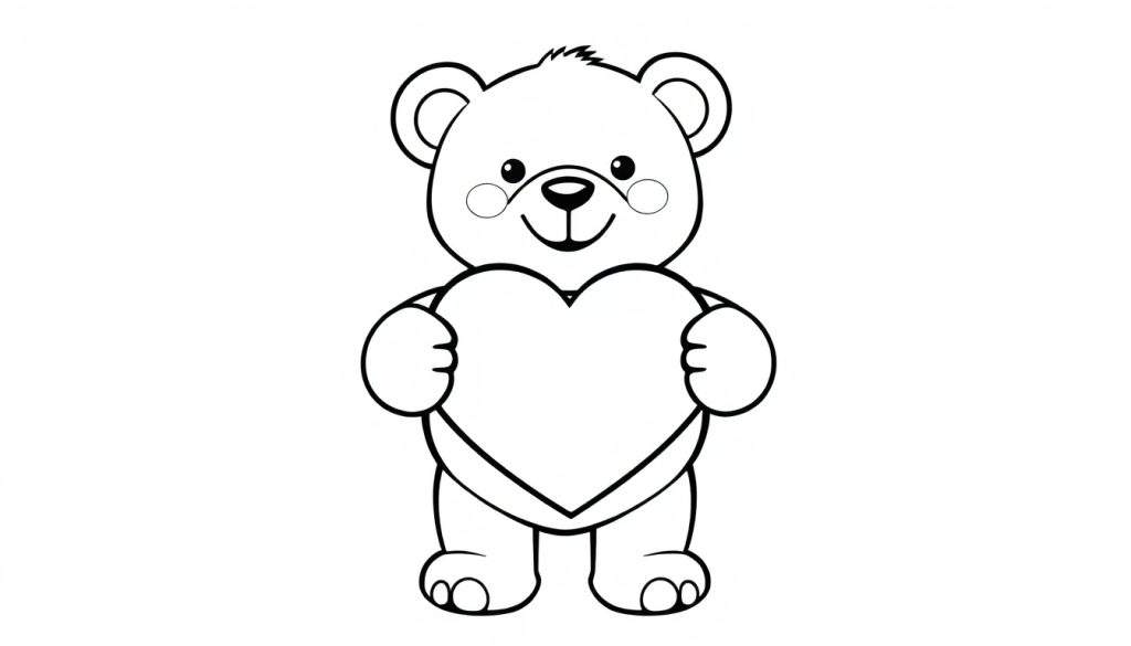 A cute teddy bear with blush marks on its cheeks is holding a large heart. This black and white color panel is perfect for Valentine's Day.